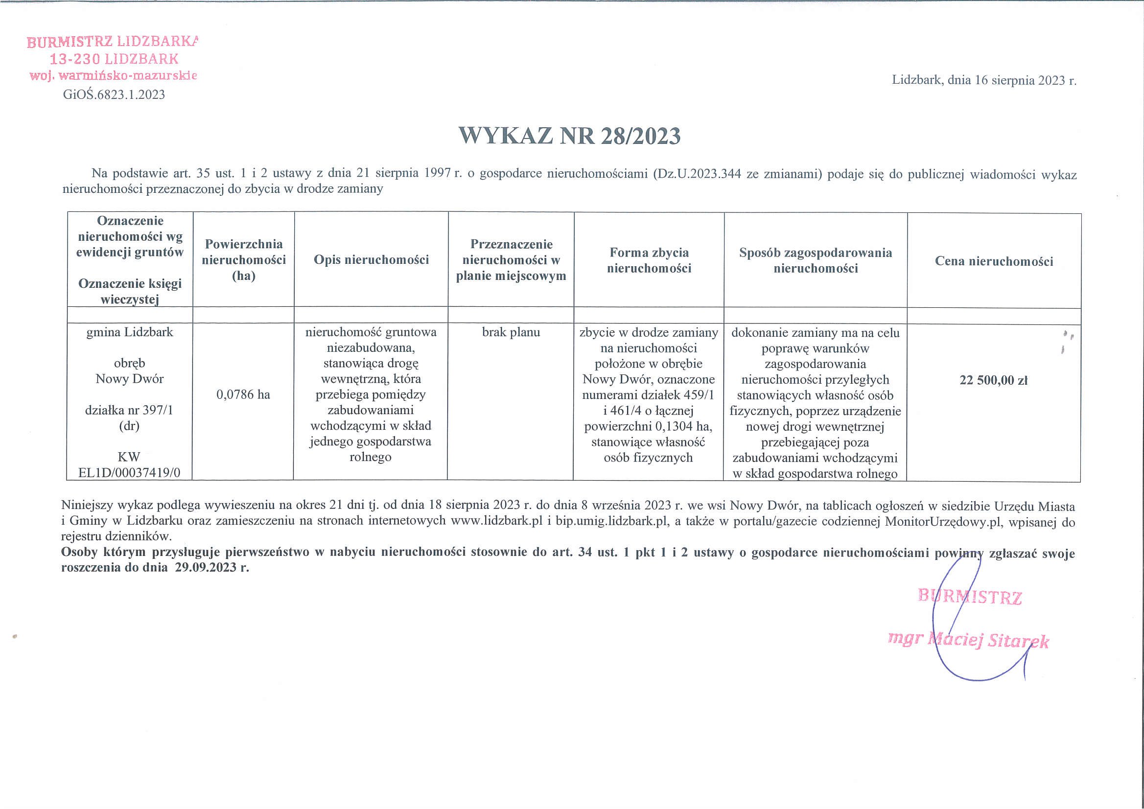 Wykaz Nr 28/2023 - Nieruchomość gruntowa do zamiany - Nowy Dwór dz. nr 397/1